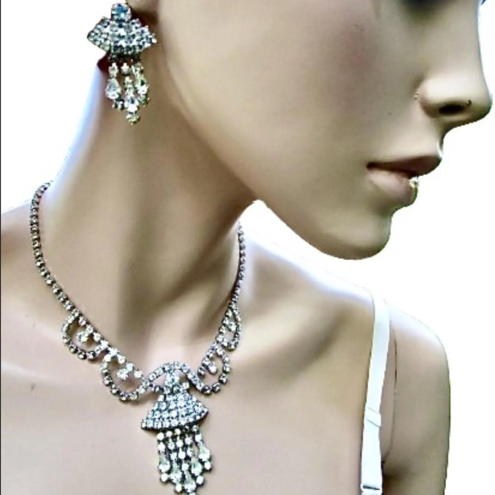 mid-century deco white rhinestone necklace and screw back earrings